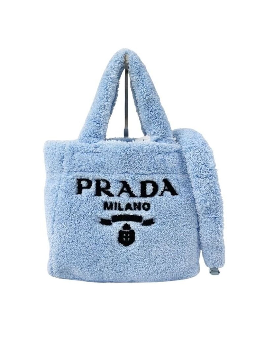 Prada Shearling Mini Tote Blue Pile 2-Way Shoulder Bag Silver